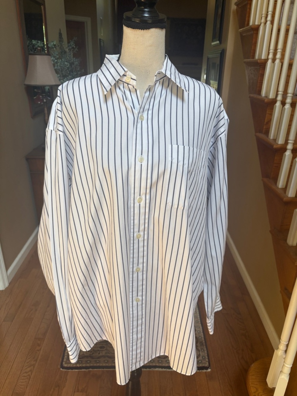 Men's Polo Golf White Button-Up Shirt with Navy Pinstripes